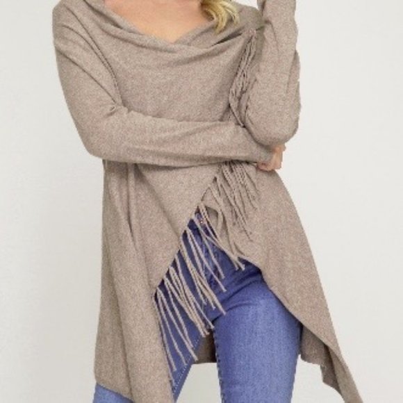 She + Sky Long Sleeve Cowl Neck Fringe Taupe Wrap - Picture 1 of 8